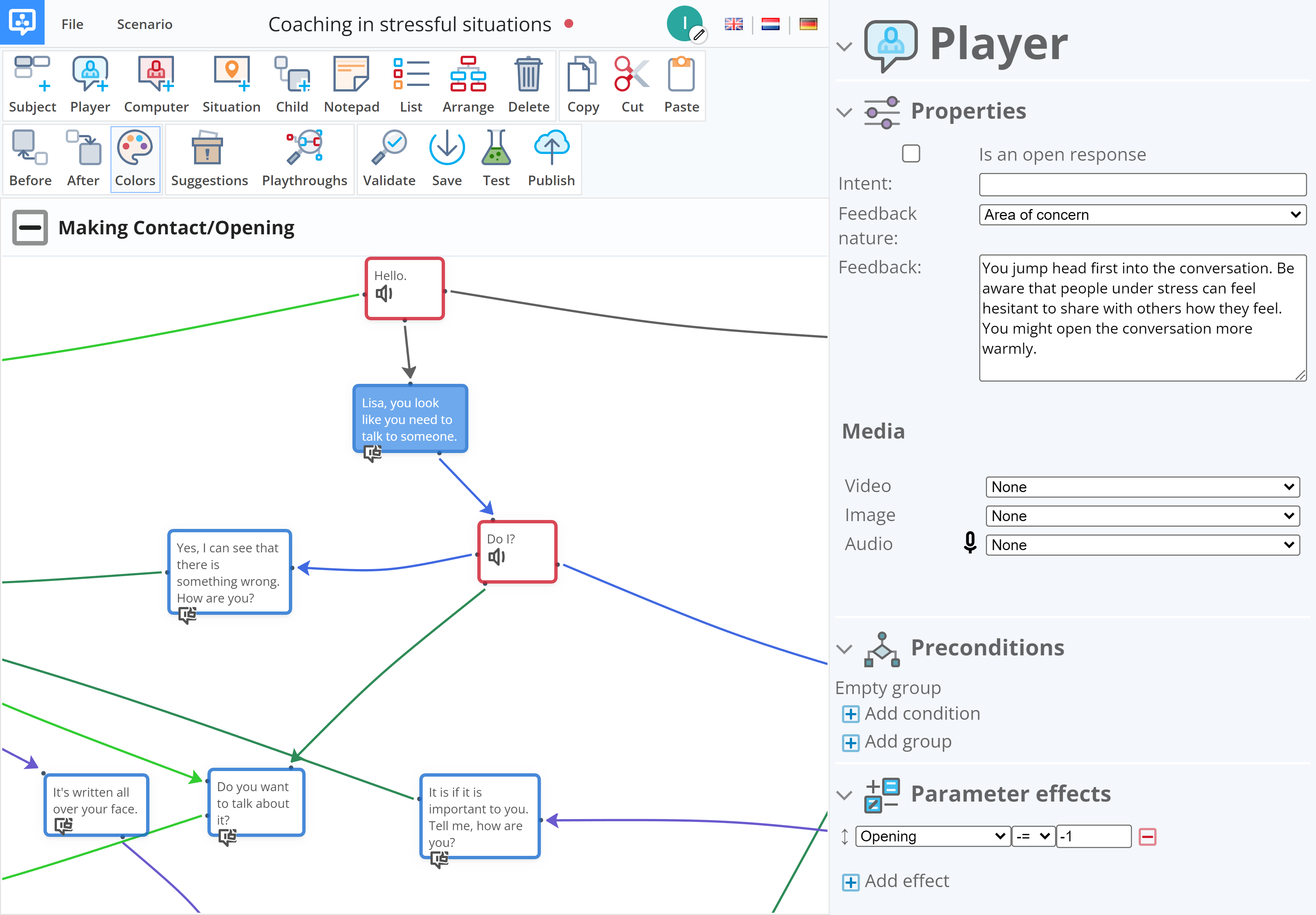 Screenshot of the DialogueTrainer node-based scenario editor