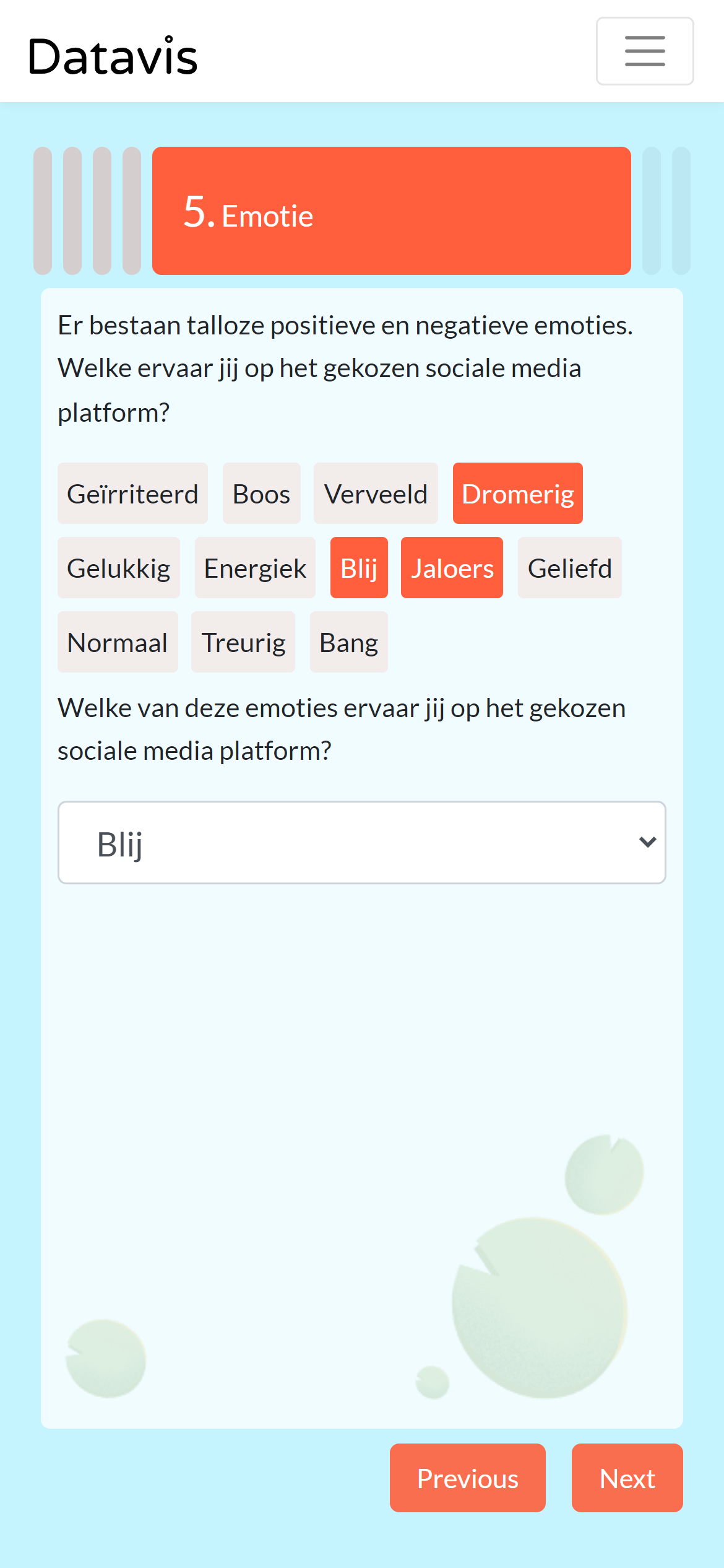App screenshot step where a user describes their emotion associated with their social media experience.