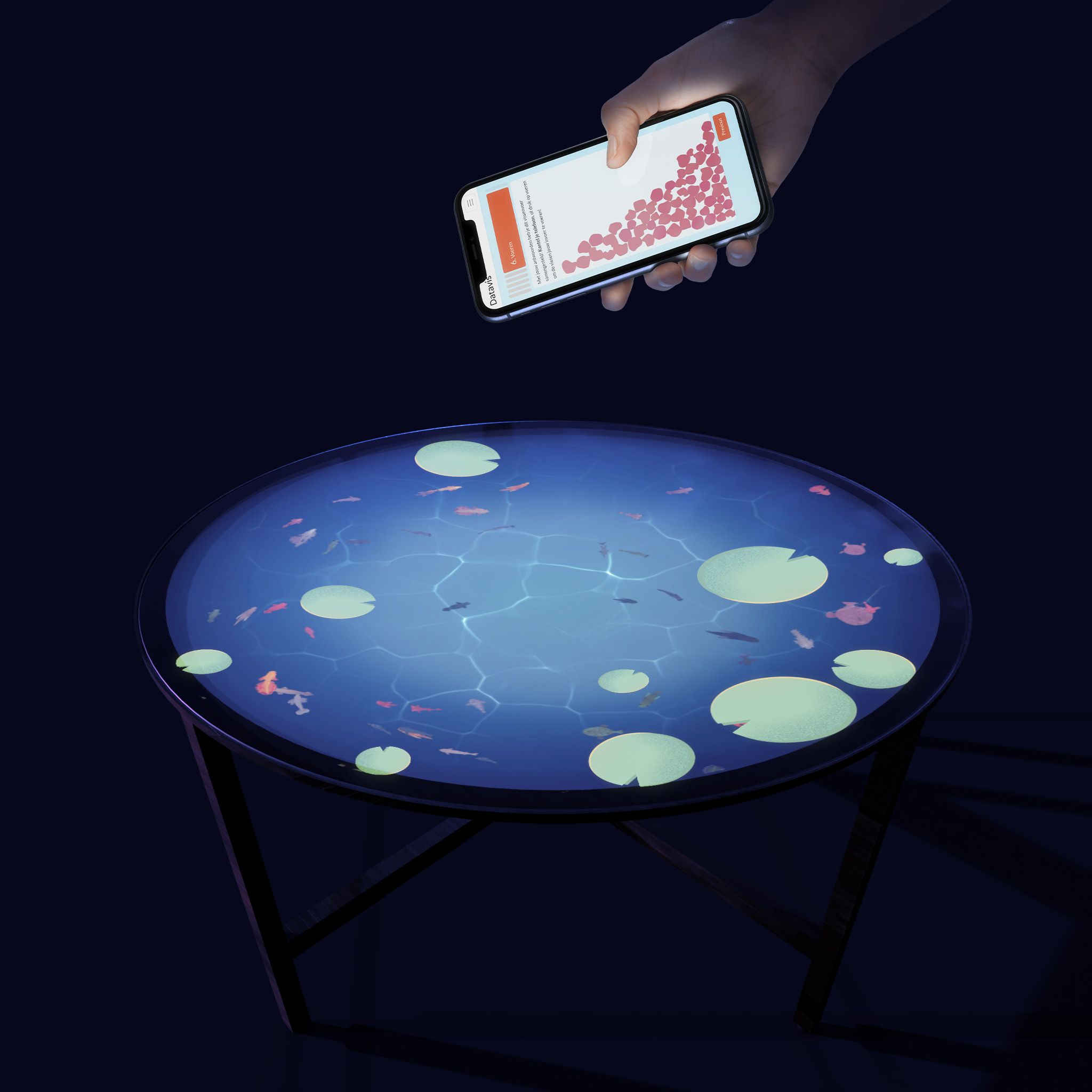 Datavis installation showing a round glass surface with the pond projected onto. A phone that has the user-generated fish feed is tipped over above the pond.