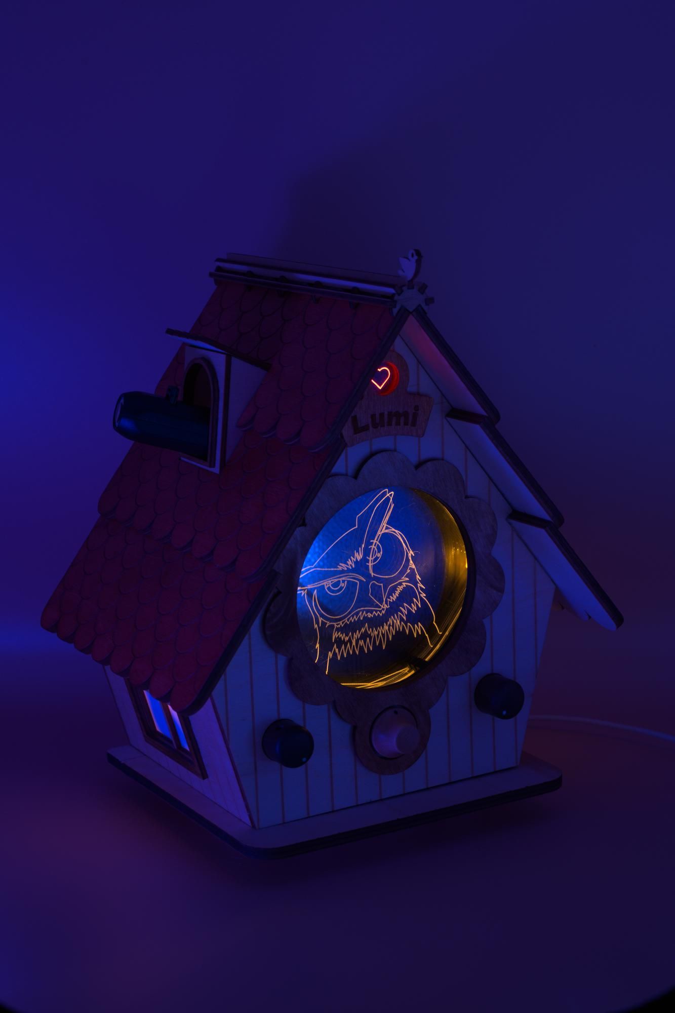 Two-thirds perspective overview of birdhouse at nighttime with the light-up features illuminated