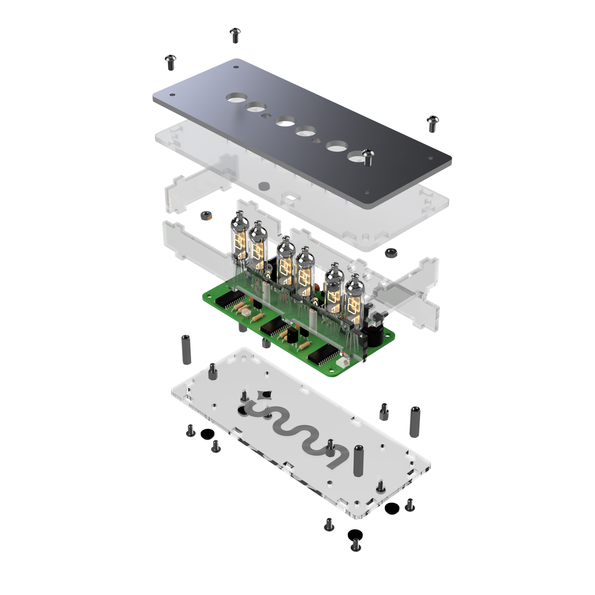 Exploded view of Numi with the populated PCB and laser cut enclosure part with fasteners.