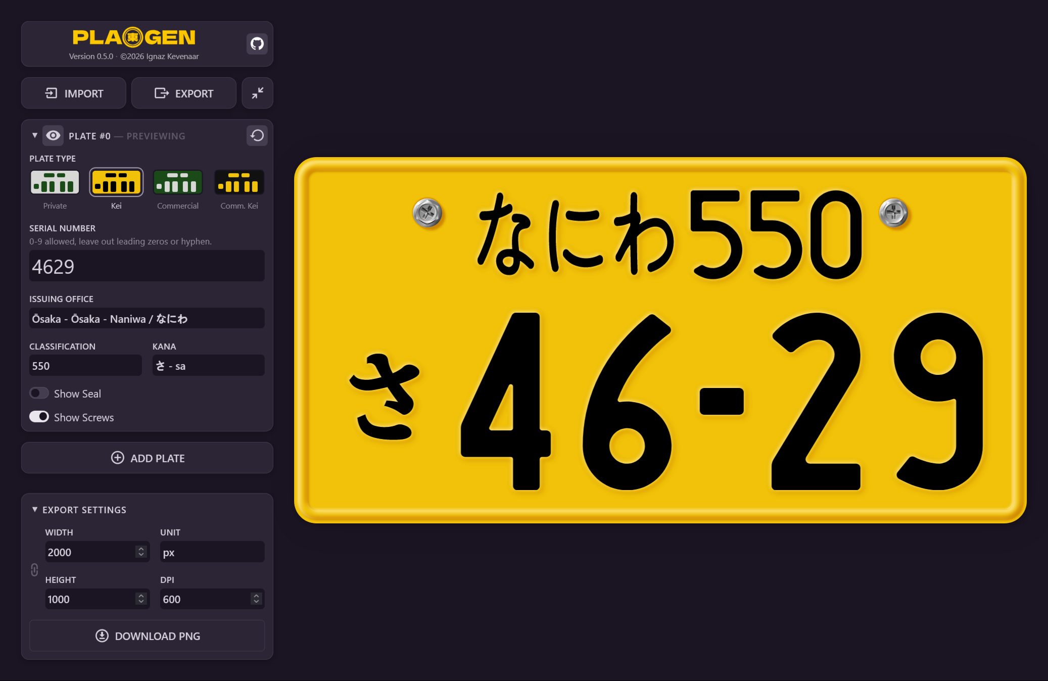 Overview of app with settings on the left and resulting licence plate preview on the right.