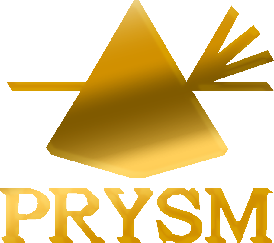 PRYSM logo. A golden prism with the light coming in from the left, and being broken into several rays from the right. The word PRYSM is written below.
