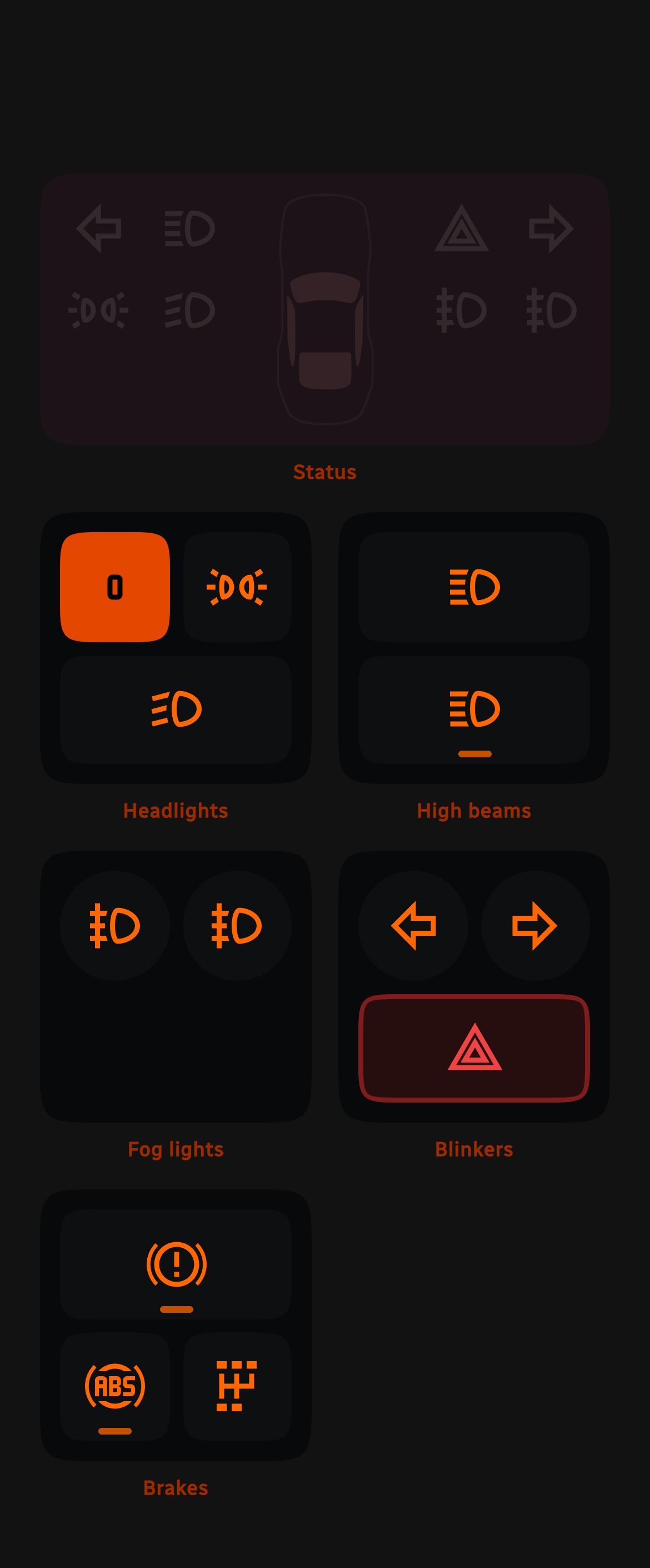 Coilpack app with night mode enabled; The grey background is darker and the normally white icons are a pleasant orange.